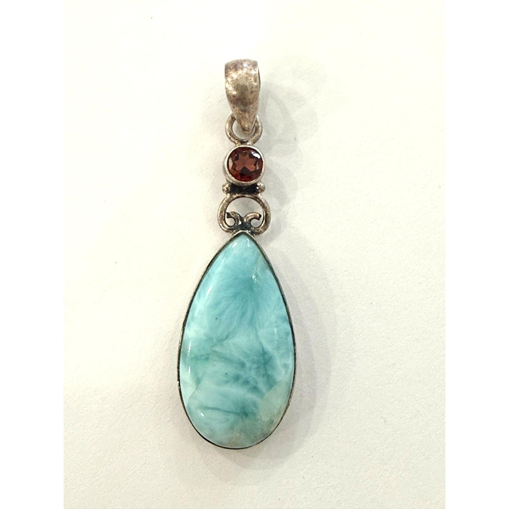 Teardrop Shaped Larimar and Garnet Pendant Stamped 925 Jewelry
